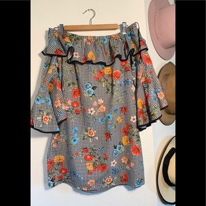 Zara Checkered  Floral off the Shoulder Dress
